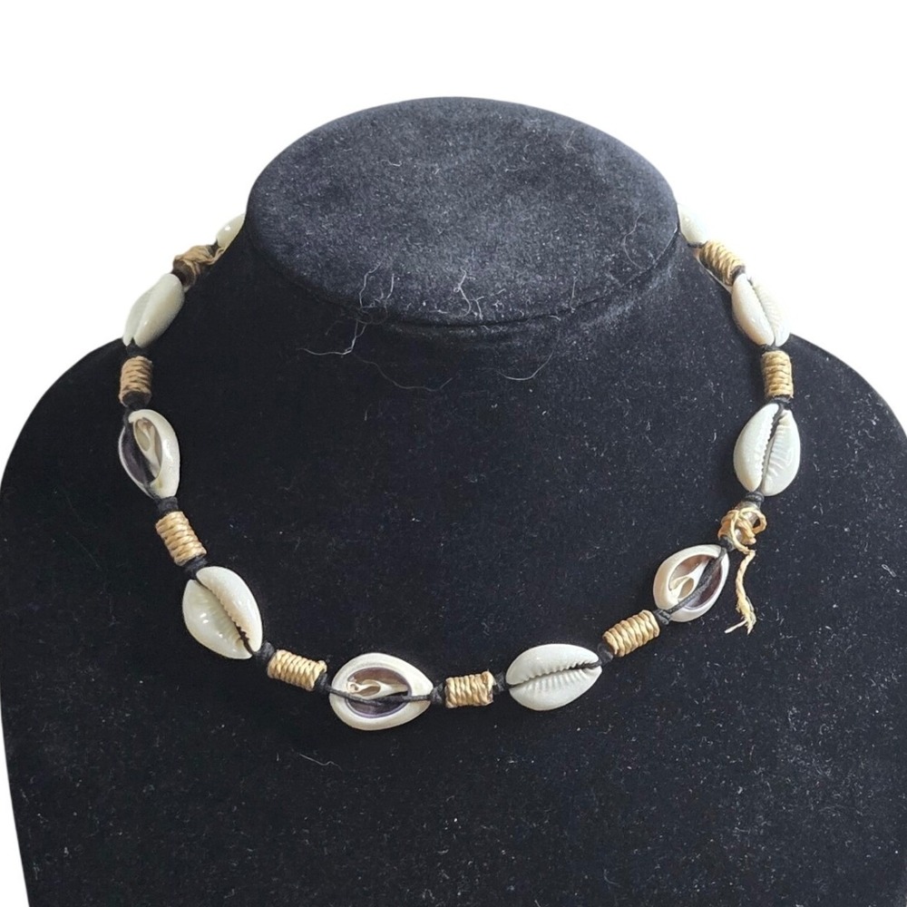 Panama Jack Cowrie Shell Choker Necklace Black Cord Tan Wrap 17" Beachy Boho